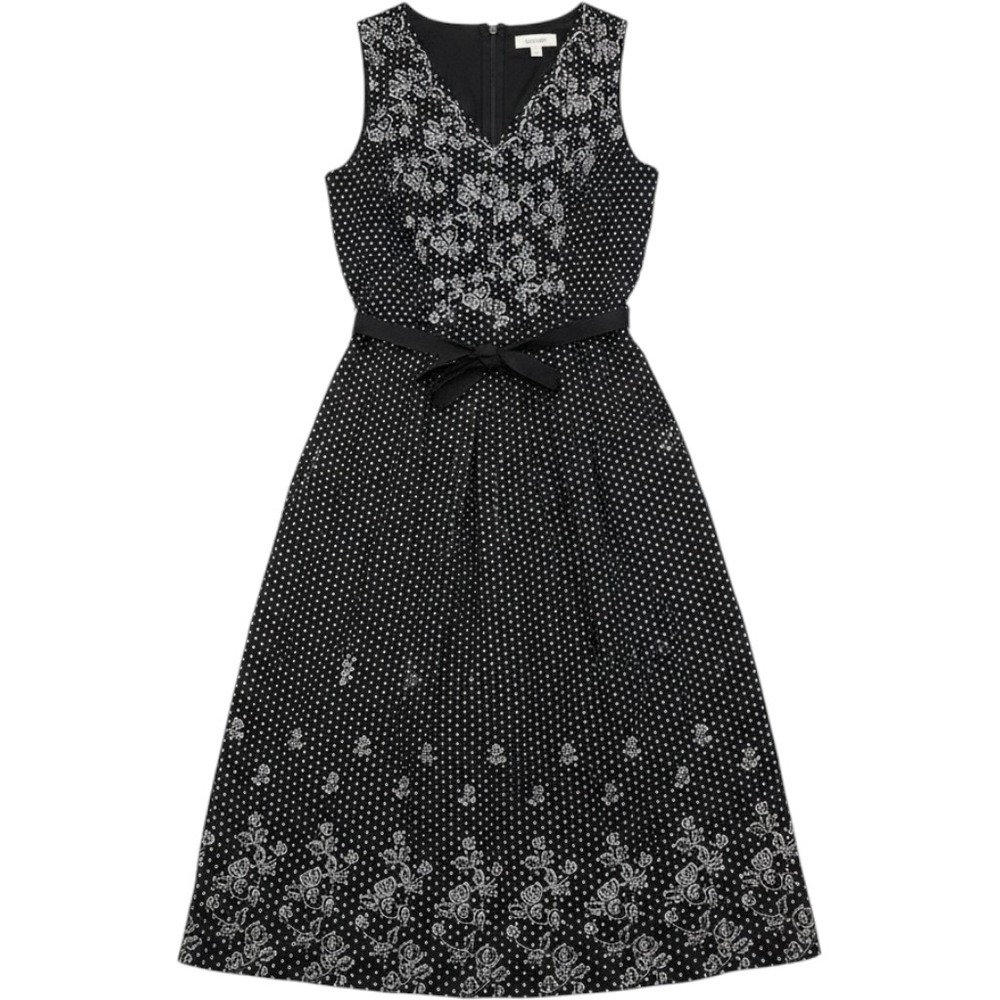 Studio 1940 Polka Dot Floral Embroidered Cotton Midi Dress Black White Size 8